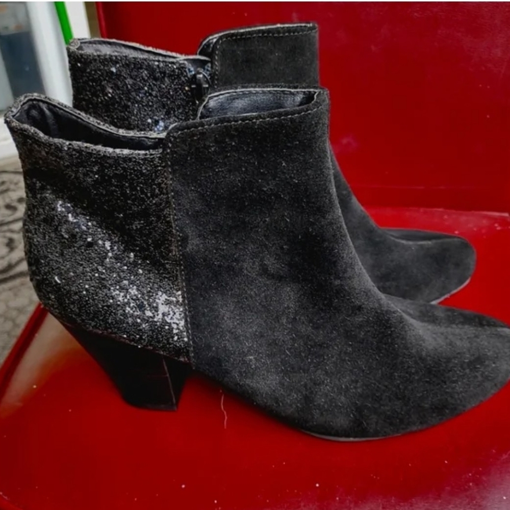 IMAN Black Suede and Glitter Ankle Booties